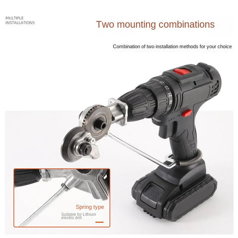 Portable Electric Metal Cutter Drill Attachment For Smooth Sheet Metal Roofing Ductwork Aluminum Siding Thin Steel Trimming showing spring type installation.