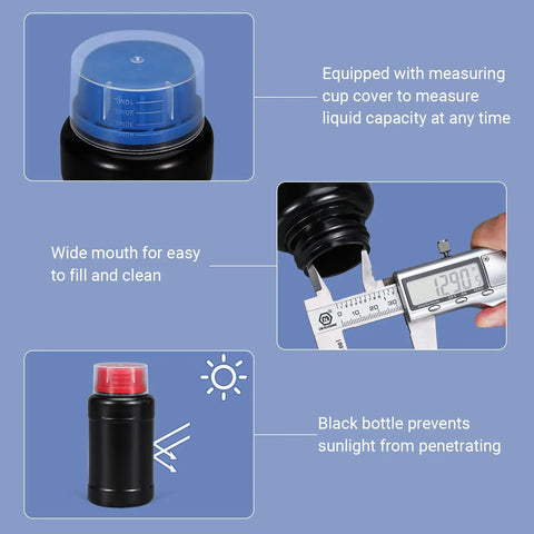 Image of 3 Pack 1000ml HDPE Darkroom Chemical Storage Bottles With Lids For Film Developing And Photo Processing Equipment Durable Black Plastic Containers For Lab Use. Features measuring cup cover, wide mouth, and UV protection.