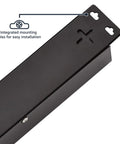 Beefy Metal Surge Protector Power Strip With Mounting Brackets, close-up of integrated mounting holes on durable black metal housing