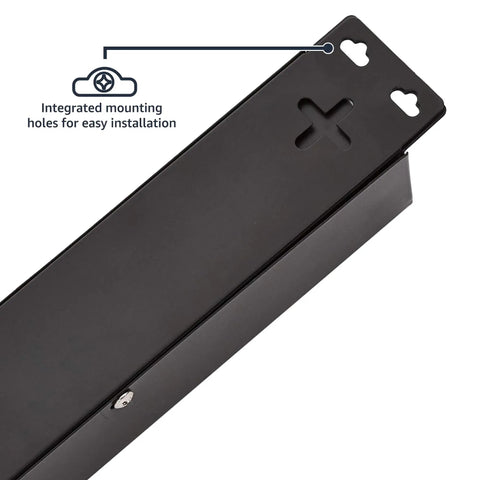 Beefy Metal Surge Protector Power Strip With Mounting Brackets, close-up of integrated mounting holes on durable black metal housing