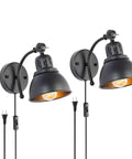 Set Of 2 Black Plug In Wall Sconces Industrial Style With On Off Cord Switch Metal Wall Mount Bedside Lamps For Bedroom