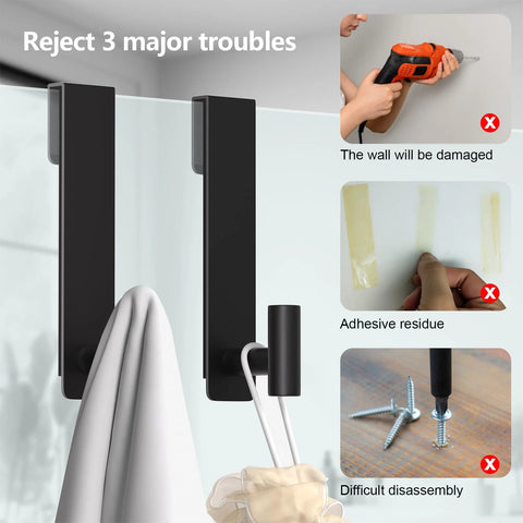 Stainless Steel Over The Door Shower Hooks For Frameless Glass Doors 7.5 Inch Extended T Shape Towel Hanger Black Finish 2 Pack