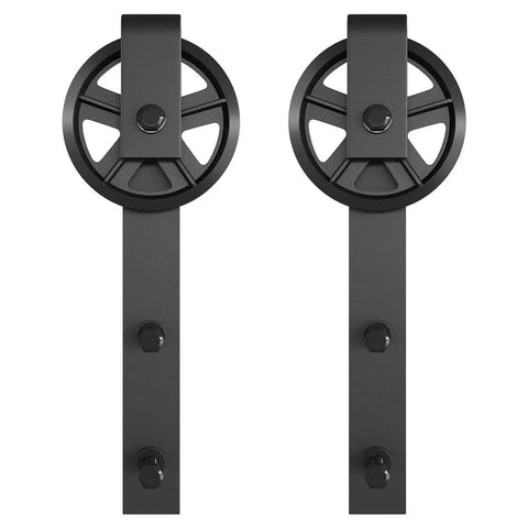 Sliding Barn Door Hangers 2 Pack In Black Big Wheel Design Heavy Duty Built To Haul 170 Lb Capacity Fits 36 48 Inch Wide Doors 1 3 8 To 1 3 4 Inch Thick Panels Solid Steel With POM Wheels Frosted Black Finish
