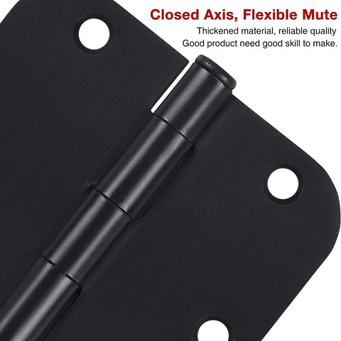 Close-up of Matte Black Heavy Duty Door Hinge with closed axis and flexible mute design, part of 30 Pack Matte Black Interior Door Hinges 3.5 Inch by 3.5 Inch Round Radius Five Eighth Inch Hinge Heavy Duty Removable Pin for Doors Bedroom Office Farm Shed Gate Greenhouse Vent Window Includes 180 Screws