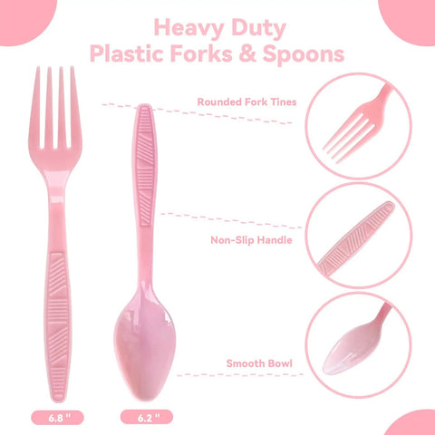 Pink Heavy Duty Disposable Plastic Forks And Spoons Set 96 Piece Portable Party Silverware Pack for picnics and camping