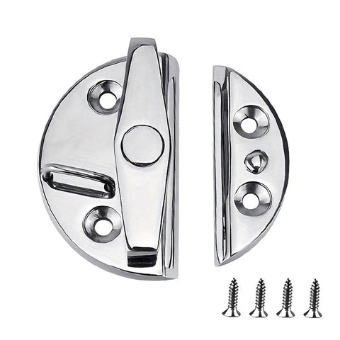 Marine Cabinet Door Latches 316 Stainless Steel Push Button Lock Hardware for Boats, mirror-like finish, with installation screws.