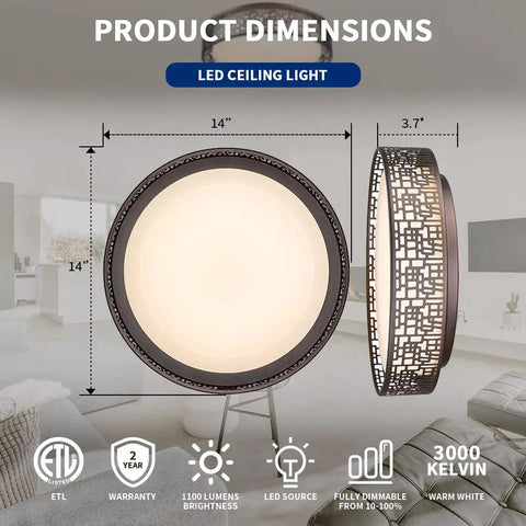 Flush Mount LED Ceiling Light Fixture 14 Inch 20W 1400 Lumens Warm White 3000K Oil Rubbed Bronze Dimmable side view