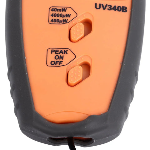 Portable Light Meter A B Tester With LCD Display, Illuminometer For Lamp Testing And More, Measures Light Intensity 0 To 40mW And UV 290 To 390nm, Easy To Use Interface, Great For Home Lab And Field Tech Tasks. Orange handheld UV340B tester with PEAK ON OFF switches