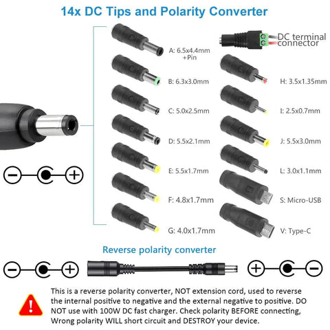 14 DC tips and polarity converter for Universal Power Supply Adapter 120W With Adjustable DC Output 3.5V-24V, USB-C PD 100W Fast Charge