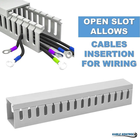 Open Slot Cable Raceway Kit 4x4 Inch Wire Duct Set 6.5 Ft Long 8 Pack Gray PVC Cord Hider for under desk cable management.