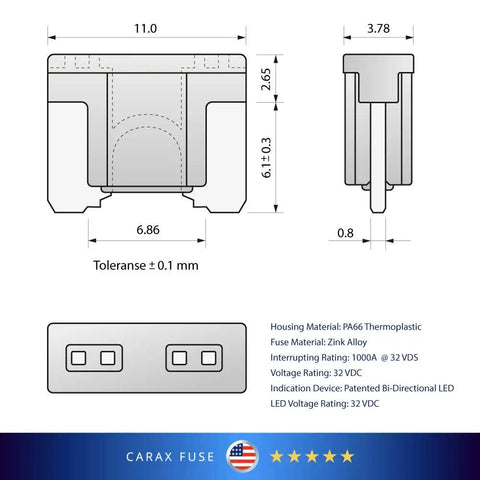 Technical drawing of Toyota 4Runner 2020 Glow Fuse Kit With LED Indicator, dimensions and materials listed
