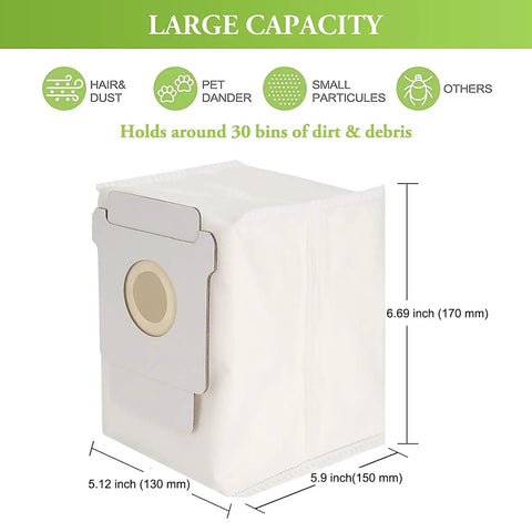 9 Pack Beefed Up Vacuum Bags for Roomba I Series S Series And J Series Replacement dimensions and capacity information