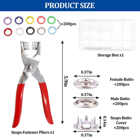 200 Sets Snap Button Kit With 10 Colors Metal Snaps Pliers And Fastener Parts A Handy Multicolor Press Tool Kit displayed