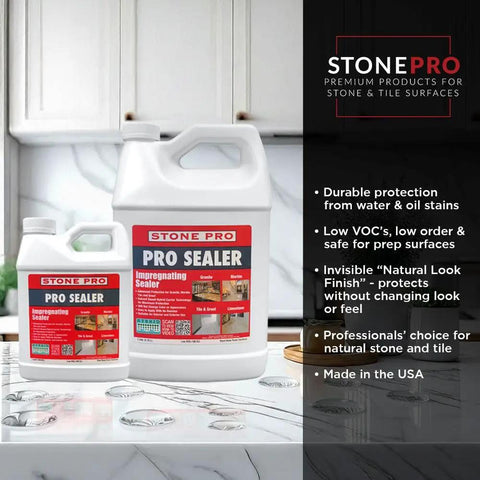 Pro Sealer Quart Impregnating Sealer for marble and tile, bottles on marble countertop, deep-penetrating hybrid carrier technology