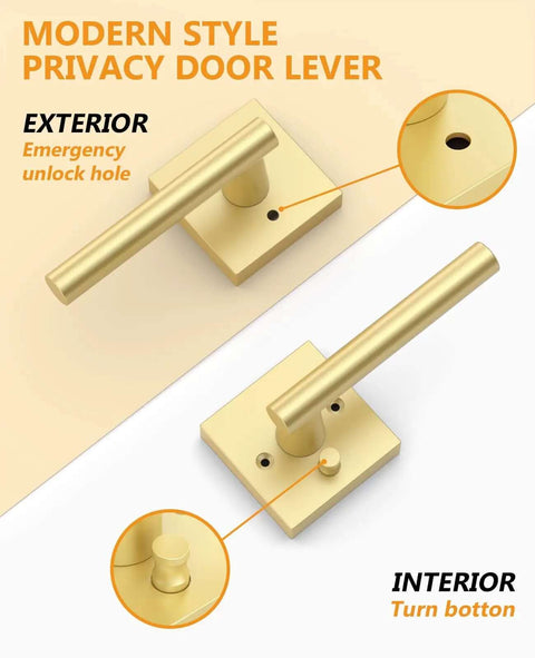 Gold Privacy Door Handle Set With Keyless Interior Button showing both exterior emergency unlock hole and interior turn button.