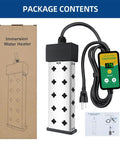 Immersion Water Heater 1800W 120V with Digital Thermostat and controller, packaging, and instructions visible.