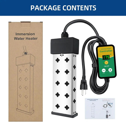 Immersion Water Heater 1800W 120V with Digital Thermostat and controller, packaging, and instructions visible.