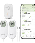 Stay On Top Of Fridge Temps With This WiFi Refrigerator Thermometer Featuring Freezer Alarm, App Alerts, Email And Buzz Notifications, Power Outage Alert, 168 Hour Data Recall, Two Sensors With An Ultra Flat Probe For Home Kitchen Monitoring. WiFi thermometer with phone app and two sensors