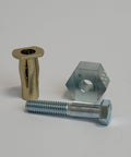 Garage Proven PlusNut PreBulb Fastening Kit With Five Sixteen Eighteen Thread Driver And Ten Heavy Duty Steel Inserts featuring a bolt, nut, and steel insert.