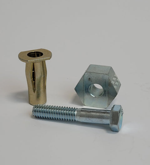 Garage Proven PlusNut PreBulb Fastening Kit With Five Sixteen Eighteen Thread Driver And Ten Heavy Duty Steel Inserts featuring a bolt, nut, and steel insert.