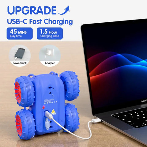 Amphibious RC Car With 360° Rotating LED charging via USB-C with laptop, showcasing fast charge capability and blue design.