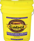 Top Shelf Acrylic Siding Stain Solid Color Five Gallon Big Bulk Tub Fast Drying Four Hour Exterior Wood Coating Crisp Pine White Hue Heavy Duty House Paint Alternative Real McCoy Made In The Usa in yellow bucket.