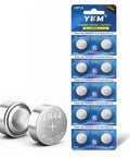 10 Pack Lr44 Batteries 1.5 Volt Alkaline Ag13 A76 357 Sr44 with silver button cells on a blister pack for toys and gadgets.