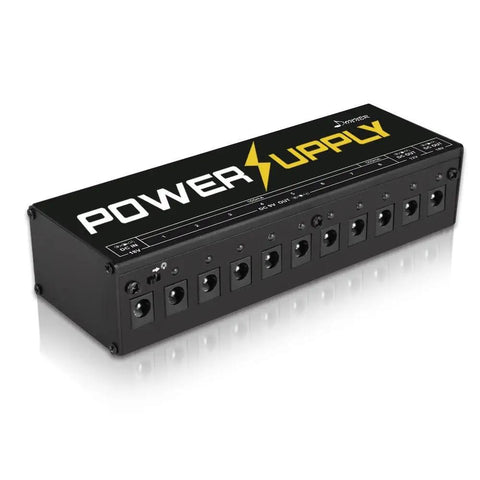 DP-1 Guitar Pedal Power Supply With 10 Isolated Outputs for 9V 12V and 18V Effects Noise Reduction Circuit Lightweight Aluminum Housing Perfect Pedalboard Hub for Studio and Live Gigs, black aluminum box with 10 outputs