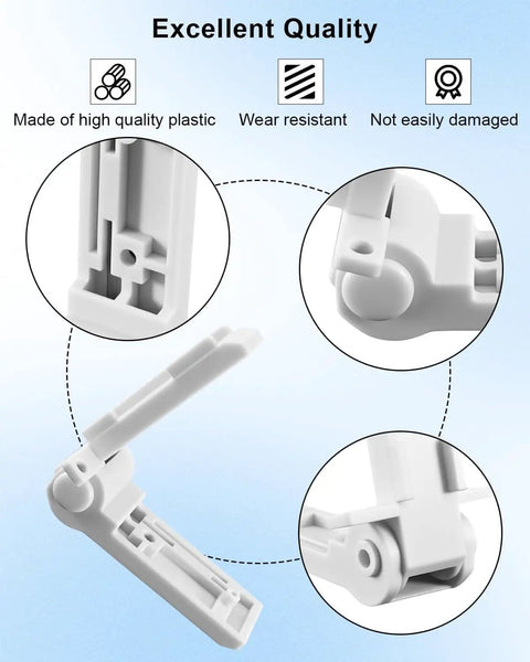 RV Refrigerator Freezer Compartment Door Hinge Replacement For RM6270 RM6271 RM6275 RM8461 And 2412125011 Easy Close Seal Tight Door Closure Durable Camper Refrigerator Part shown in multiple angles, highlighting plastic material and durability features.