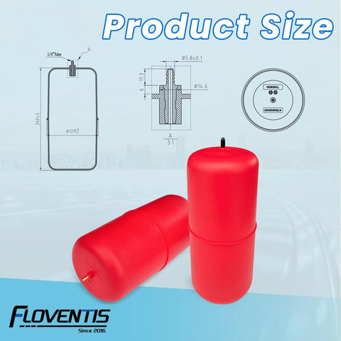 Front view of FLOVENTIS 2pc red rear air suspension bags for 2020-2026 Jeep Gladiator with technical diagrams