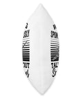 Side view of Soaring Sailplane Pilot Throw Pillow showing white cover with black text print, hidden zipper detail visible.