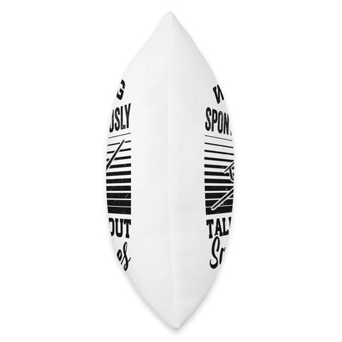 Side view of Soaring Sailplane Pilot Throw Pillow showing white cover with black text print, hidden zipper detail visible.