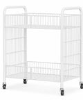Heavy Duty Workhorse Two Tier Rolling Cart With Reinforced Wrought Iron Grid Shelves And Seamless Four Way Swivel Casters For No Hassle Storage Or Casual Serving In Polished White, side view.