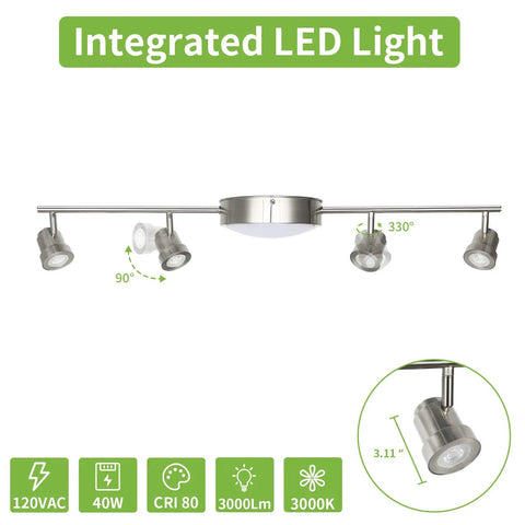 4 Light Track Lighting Kit With Flush Mount Ceiling Light 15W Brushed Nickel Integrated LED Modern Track Lighting With Flexible Rotatable Heads Sleek Warm White 3000K 3000LM ETL Listed