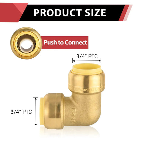 3/4 Inch DZR Brass Push Fit Elbow Fittings for Pex Copper CPVC Pipe Plug And Play No Sweat Glue Free Plumbing Connections.
