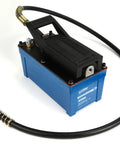 TEMCo HP0000 air hydraulic power pack with blue base and black pump, connected high-pressure hose