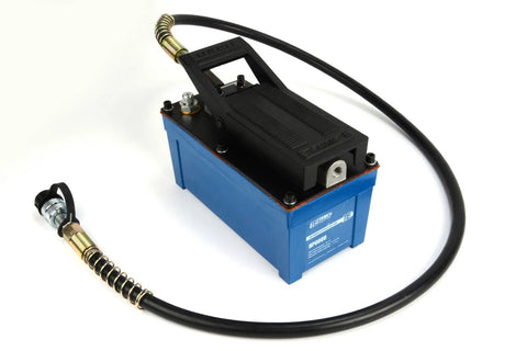 TEMCo HP0000 air hydraulic power pack with blue base and black pump, connected high-pressure hose