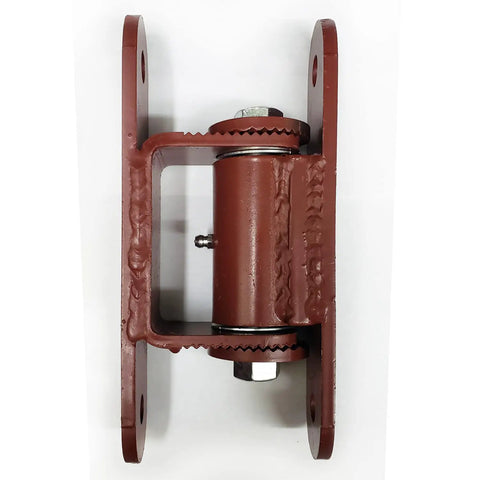 Heavy Duty Bolt On Driveway Gate Hinges Adjustable With Greasable Zerk Fittings Tough As Nails To Swivel Smooth Over Massive Loads Up To 1000 Lbs Includes Five Pair Sets top view of rust-colored hinge with zerk fitting and adjustment gear