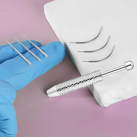 Ball Grabber Piercing Tool Kit For Jewelry In 14G To 20G Stainless Steel, insertion needles and curved cones displayed on surface
