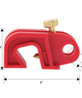 Red lockout device from Twenty Pack Pro Grade Universal Circuit Breaker Lockout Devices, shown with size dimensions.