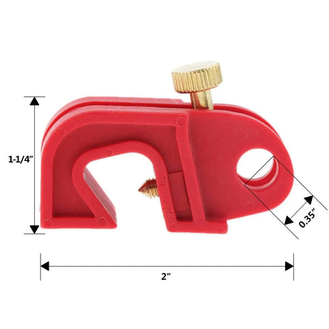 Red lockout device from Twenty Pack Pro Grade Universal Circuit Breaker Lockout Devices, shown with size dimensions.