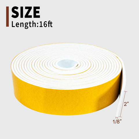 White Foam Rubber Seal Tape Self Adhesive Weather Stripping Gap Filler Foam Backer Tape 2 Inch Wide By Slim Cut 16 Foot Roll rolled up showing width measurements.
