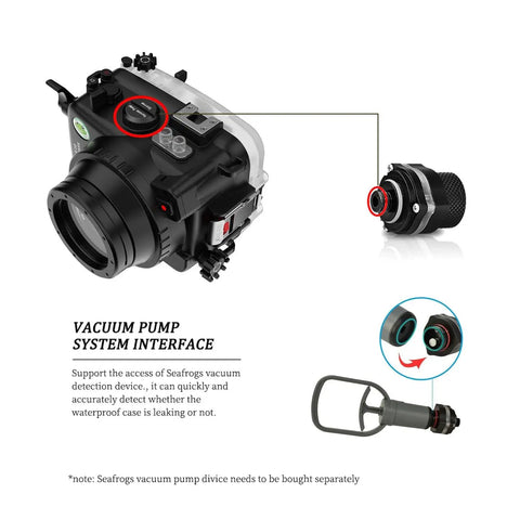 Underwater Housing For Sony ZV-E10 With Dome Port, Waterproof To 40 Meters 130 Feet, vacuum system interface detail
