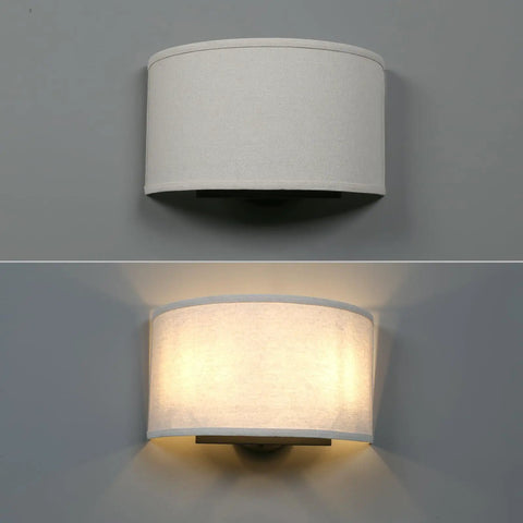 2 Light Linen Fabric Boho Hallway Wall Sconce Indoor Light Fixture Dual Vintage Industrial Hardwired Half Moon Semicircle Textile Shade Cozy Chic Vibe With E26 Socket For Bedroom Living Room Corridor And Study displayed lit and unlit