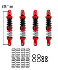 Beef Up Your 1/10 Scale RC Crawler With Threaded Adjustable Shock Absorbers, Oil Dampers And Springs, Easy Preload Tuning, Compatible With Axial SCX10 II III Capra TRX4 D90 Wraith, Red Black 80mm CNC Aluminum Bodies featuring components and springs.