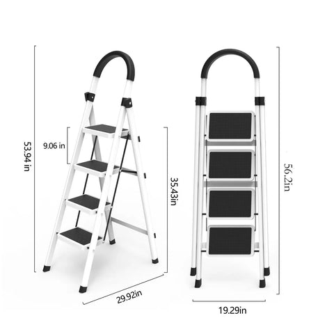 Four Step Folding Ladder For Home Office Kitchen And Garage, Portable And Space Saving Stool With Anti Slip Feet, Easy Storage, Sturdy Durable Construction, Compact Multi Use Step Ladder For Every Room. White four-step folding ladder, 56.2 in tall, 19.29 in wide