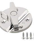Front view of boat hatchway turn-button latch, 316 stainless steel, round base with four screws.
