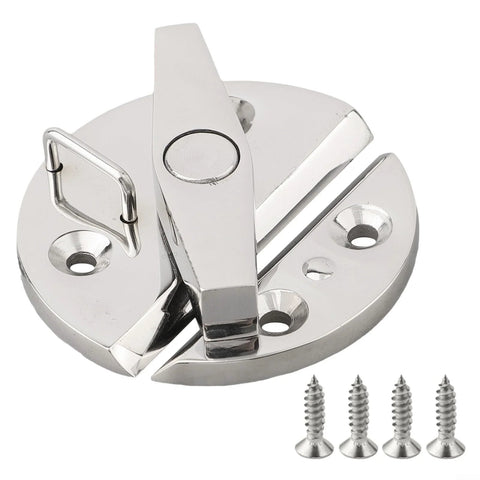 Front view of boat hatchway turn-button latch, 316 stainless steel, round base with four screws.