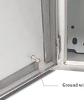 Stainless Steel Weatherproof Electrical Junction Box With Hinged Cover And Mounting Plate For Secure DIY Electrical Installations Heavy Duty Rust Resistant Enclosure 60 Cm Long 20 Cm Wide 80 Cm High, ground wire close-up
