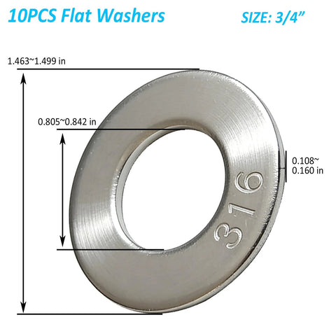 Flat washers, 3/4 in, stainless steel 316 marine-grade, 10-pack